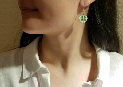 Four-Leaf Clover, Heart Hanging Earrings, White Background