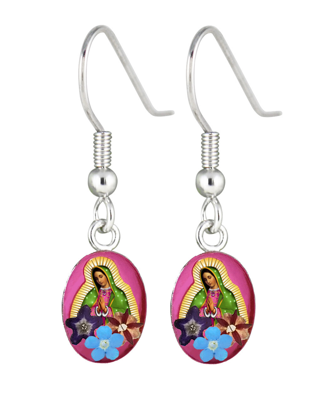 Guadalupe Virgin, Oval hanging earring, Pink background