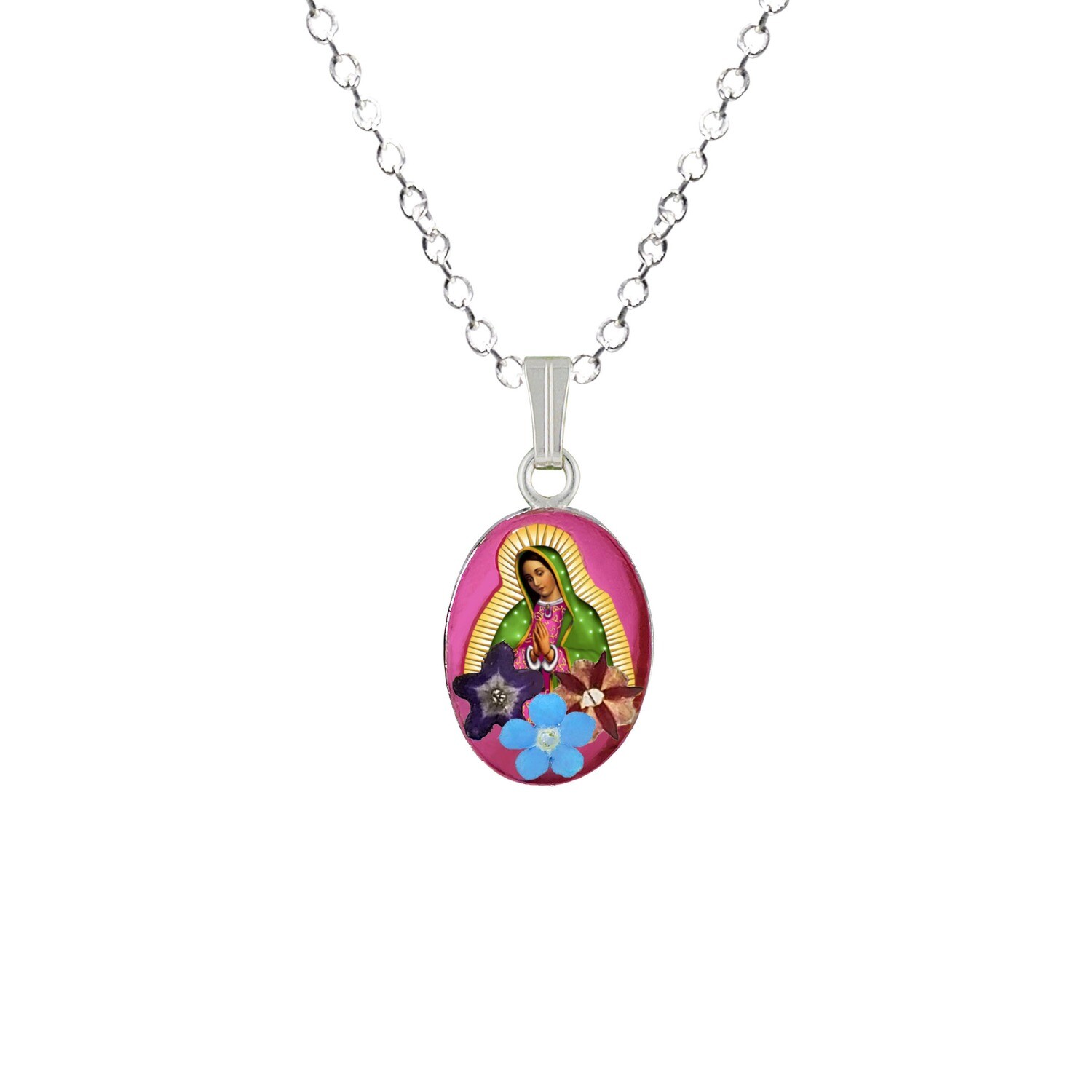Guadalupe Virgen, Small Oval Pendant, Pink, Rhodium Plated