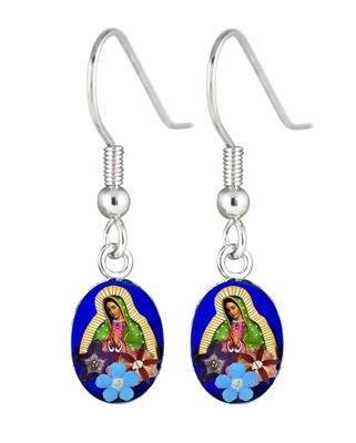Guadalupe Virgin Oval hanging earring, Navy blue background