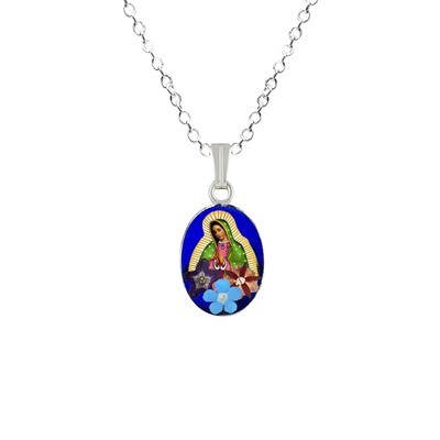 Guadalupe Virgen, Small Oval Pendant, Navy Blue, Rhodium Plated