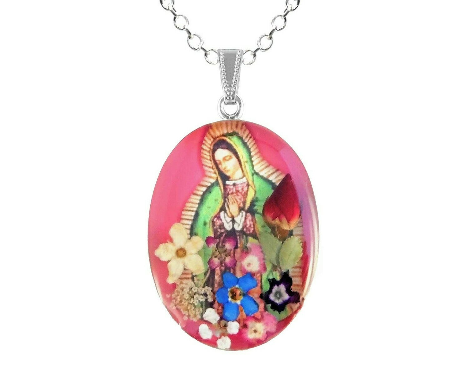 Large Guadalupe Virgen Medallion, Pink, Rhodium Plated