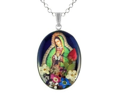 Large Guadalupe Virgen Medallion, Navy Blue, Rhodium Plated