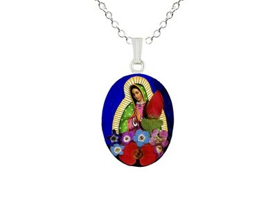 Guadalupe Virgen, Medium Oval Pendant, Navy Blue Background