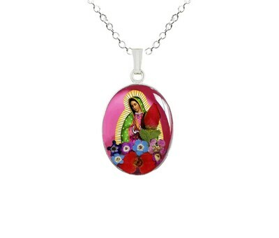 Guadalupe Virgen, Medium Oval Pendant, Pink Background