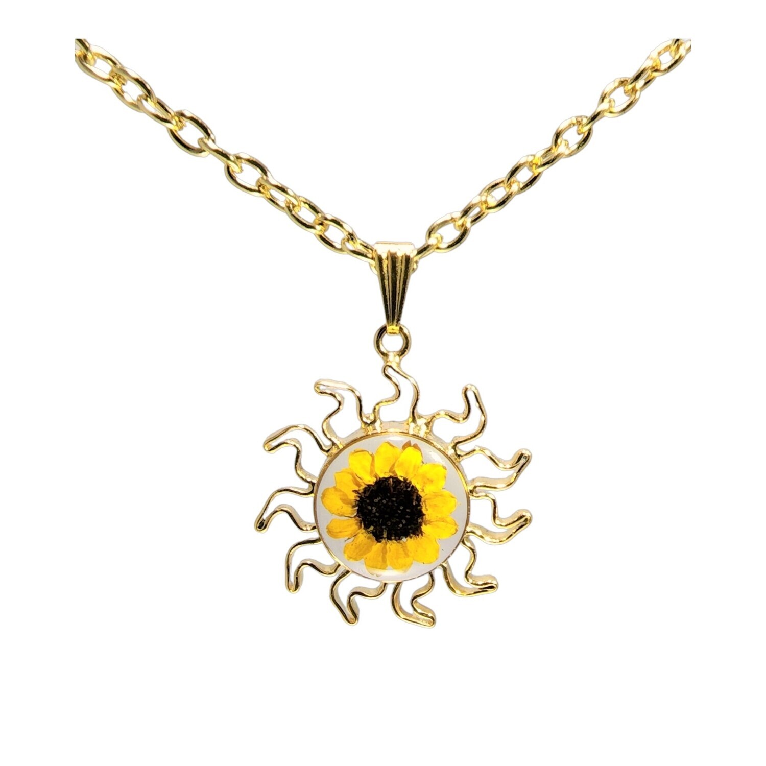 Sunflower Necklace, Sun Pendant 24k Gold Plated, Transparent