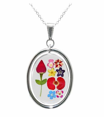 Rose &amp; Mixed Flowers Necklace, Large Swivel Oval, Transparent
