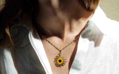 Sunflower Necklace, Sun Pendant 24k Gold Plated, Transparent