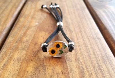 Sunflowers Oval Leather Bracelet, Transparent