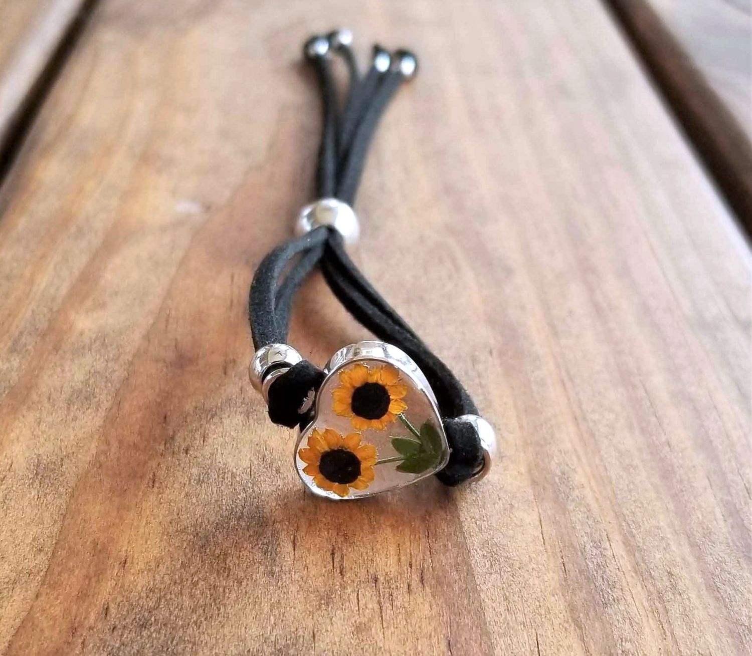 Sunflowers Heart Leather Bracelet, Transparent.