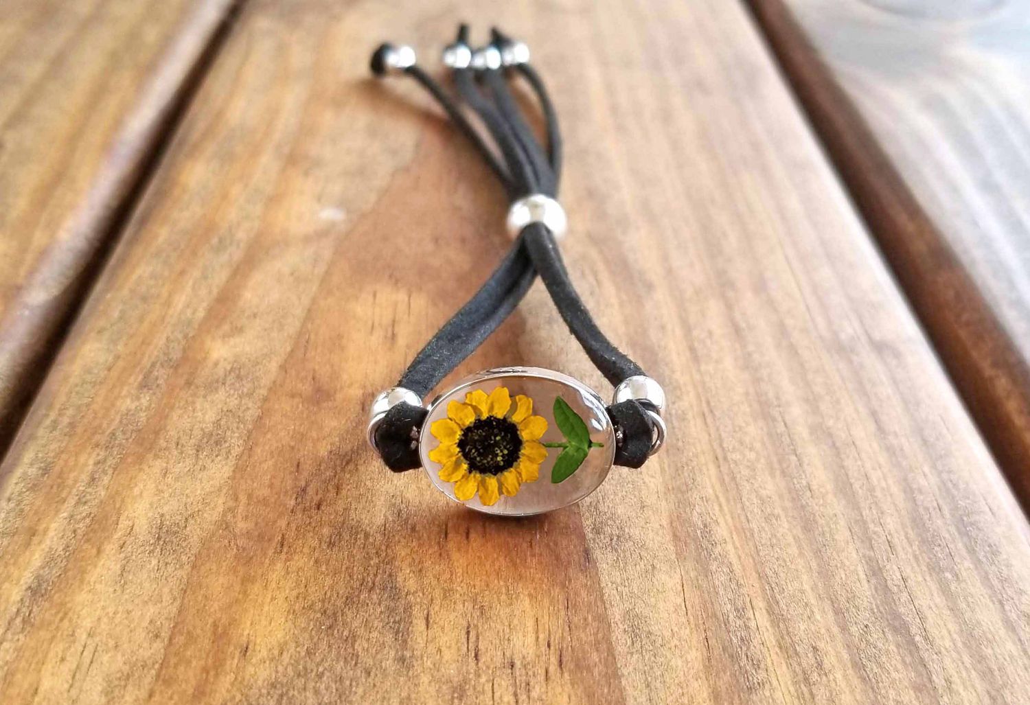 Sunflowers Oval Leather Bracelet, Transparent