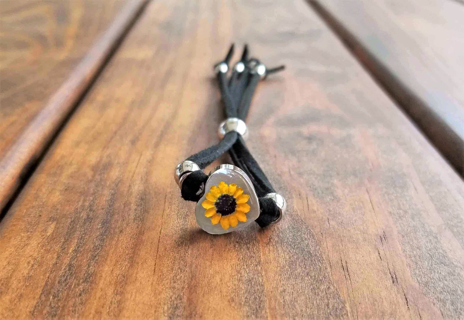 Sunflower Small Heart Leather Bracelet, Transparent.