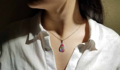 Rose &amp; Mixed Flowers Medium Teardrop Necklace, Transparent