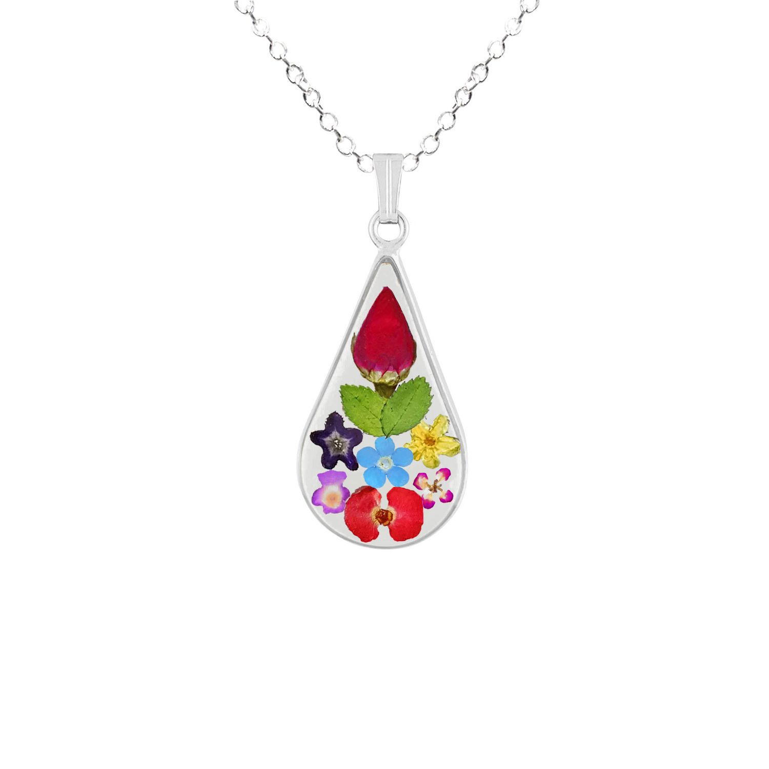 Rose &amp; Mixed Flowers Medium Teardrop Necklace, Transparent