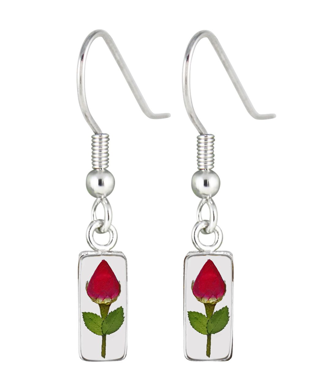 Real Rose Small Rectangle Earrings, Transparent.