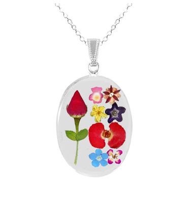 Rose &amp; Mixed Flowers Large Oval Necklace, Transparent