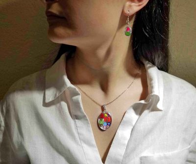 Rose & Mixed Flowers Large Oval Necklace, Transparent