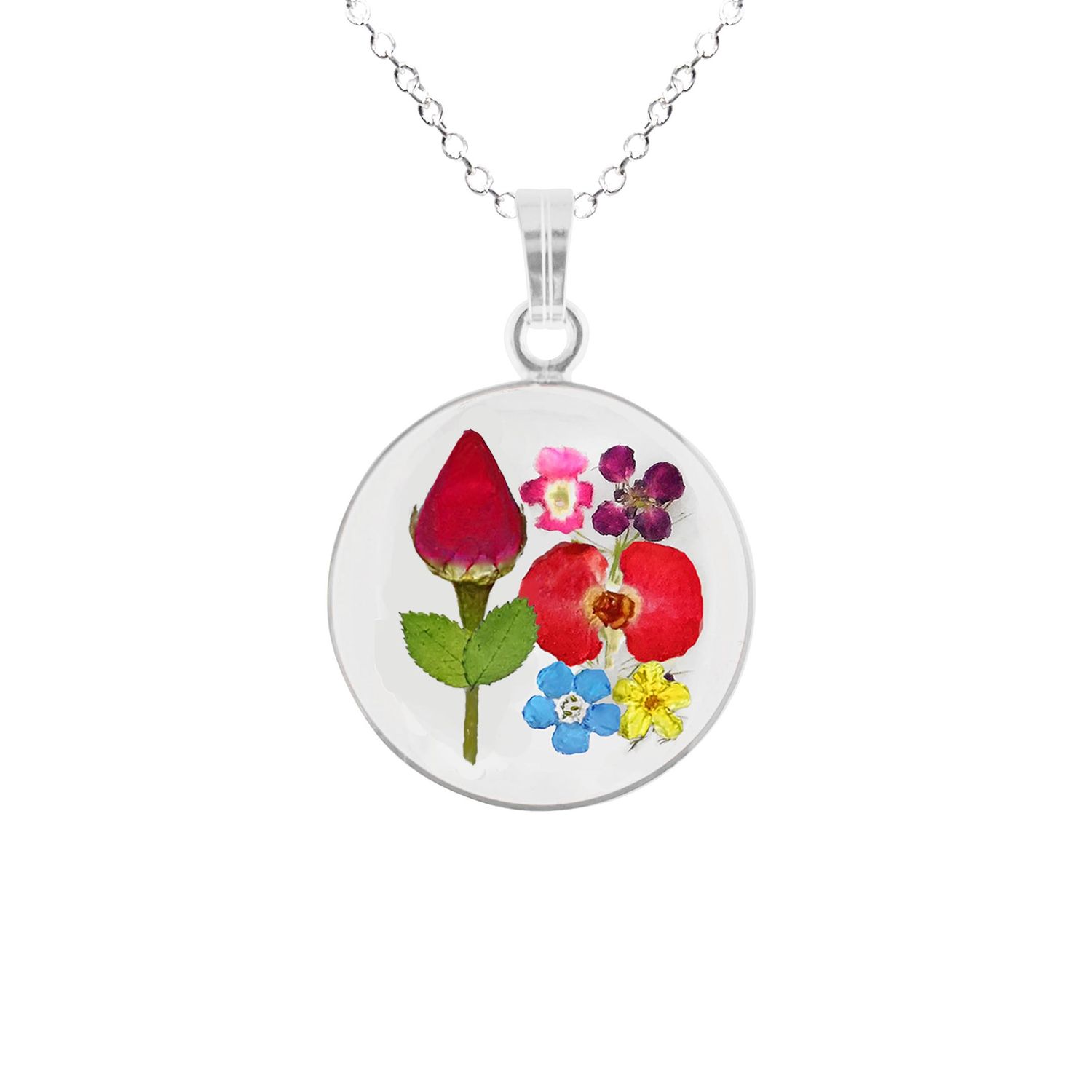 Rose &amp; Mix Flowers Medium Circle Necklace, Transparent