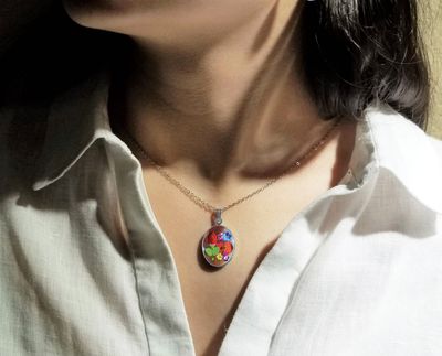 Rose &amp; Mix Flowers Medium Oval Necklace, Transparent