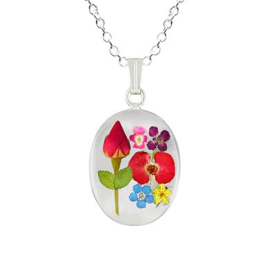 Rose &amp; Mix Flowers Medium Oval Necklace, Transparent