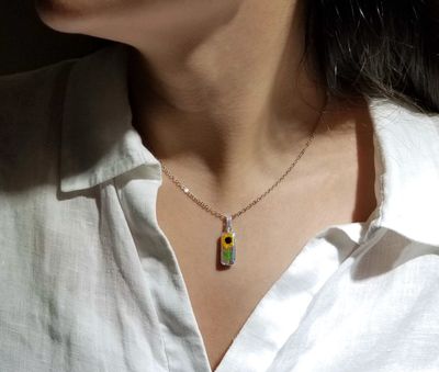 Sunflower Necklace, Small Rectangle, Transparent.