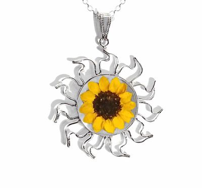 Sunflower Necklace, Large Sun Pendant, Transparent