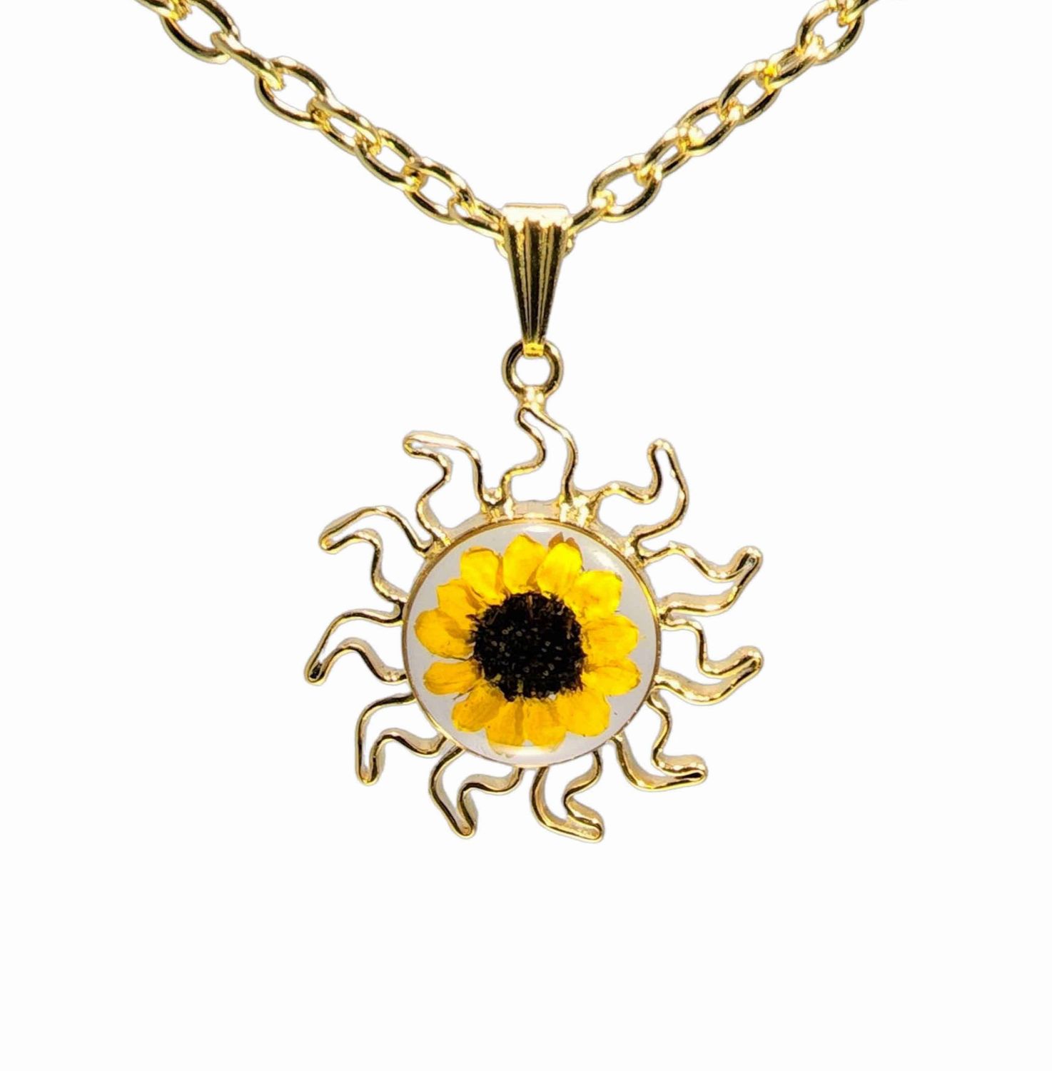 Sunflower Necklace, Sun Pendant 24k Gold Plated, Transparent