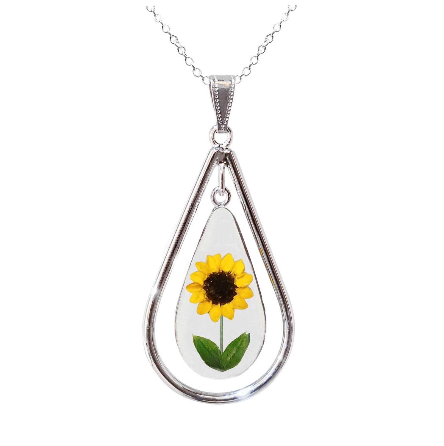 Sunflower Necklace, X-Large Swivel Teardrop, Transparent