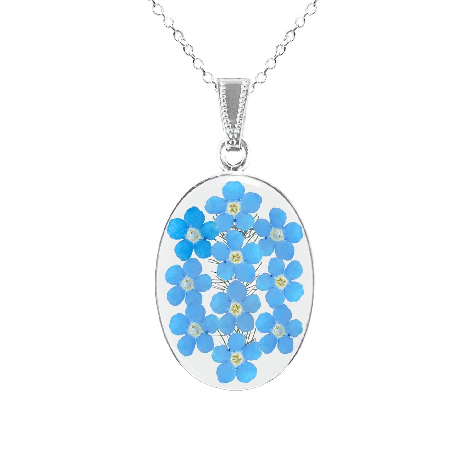 Forget-Me-Not Necklace, Large Oval, White Background