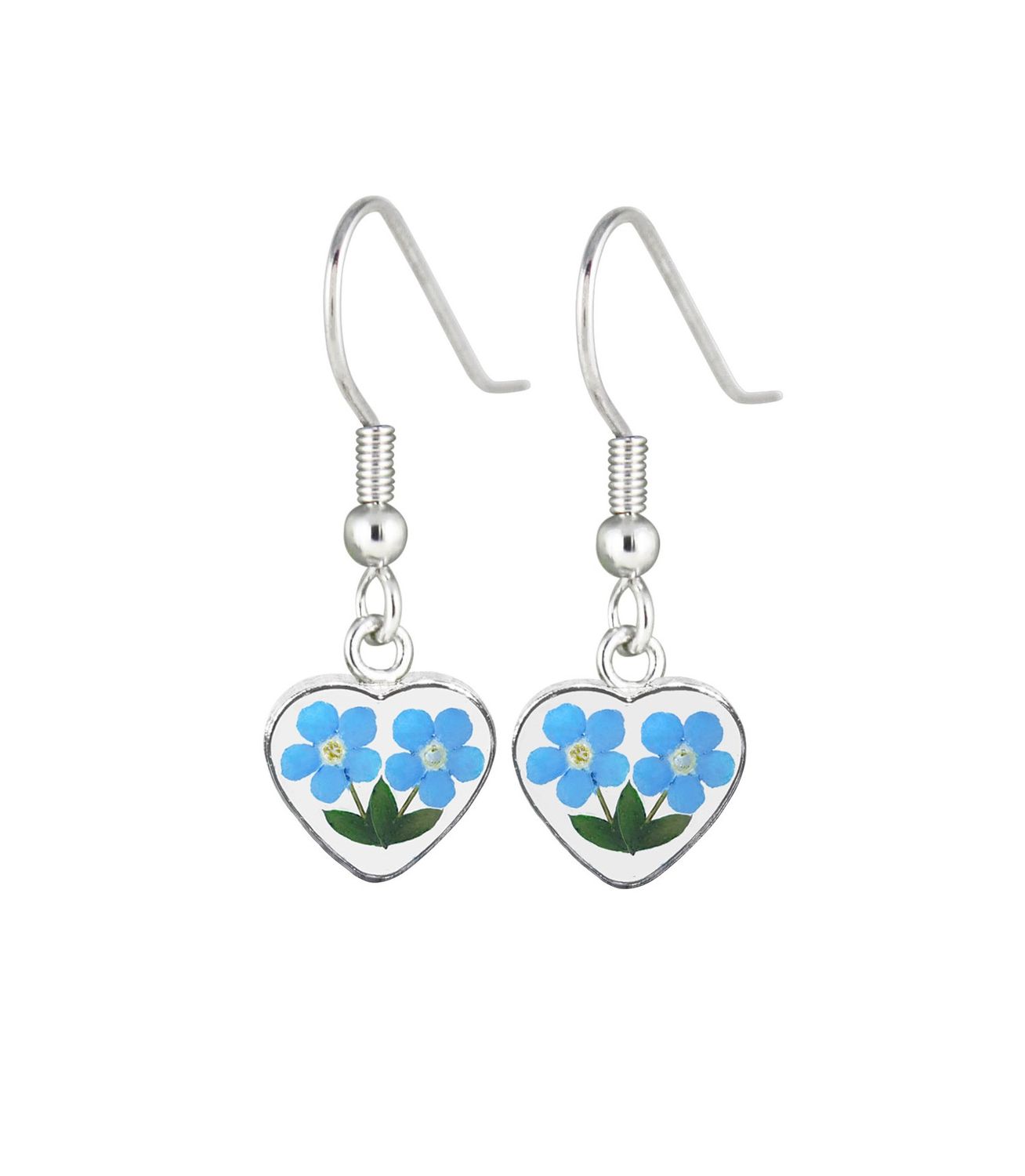 2 Forget-Me-Not, Heart Hanging Earrings, Transparent