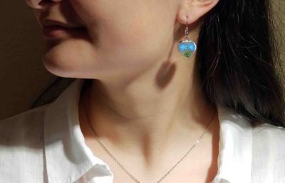 2 Forget-Me-Not, Heart Hanging Earrings, Transparent
