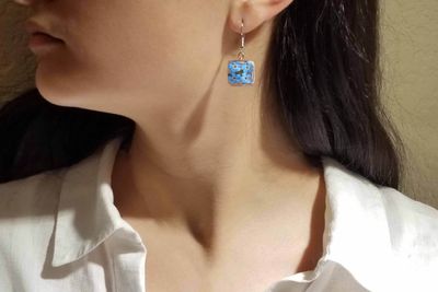 Four Real Forget Me Not, Square Hanging Earrings, Transparent