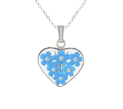 Forget-Me-Not Necklace, Heart Pendant, White Background