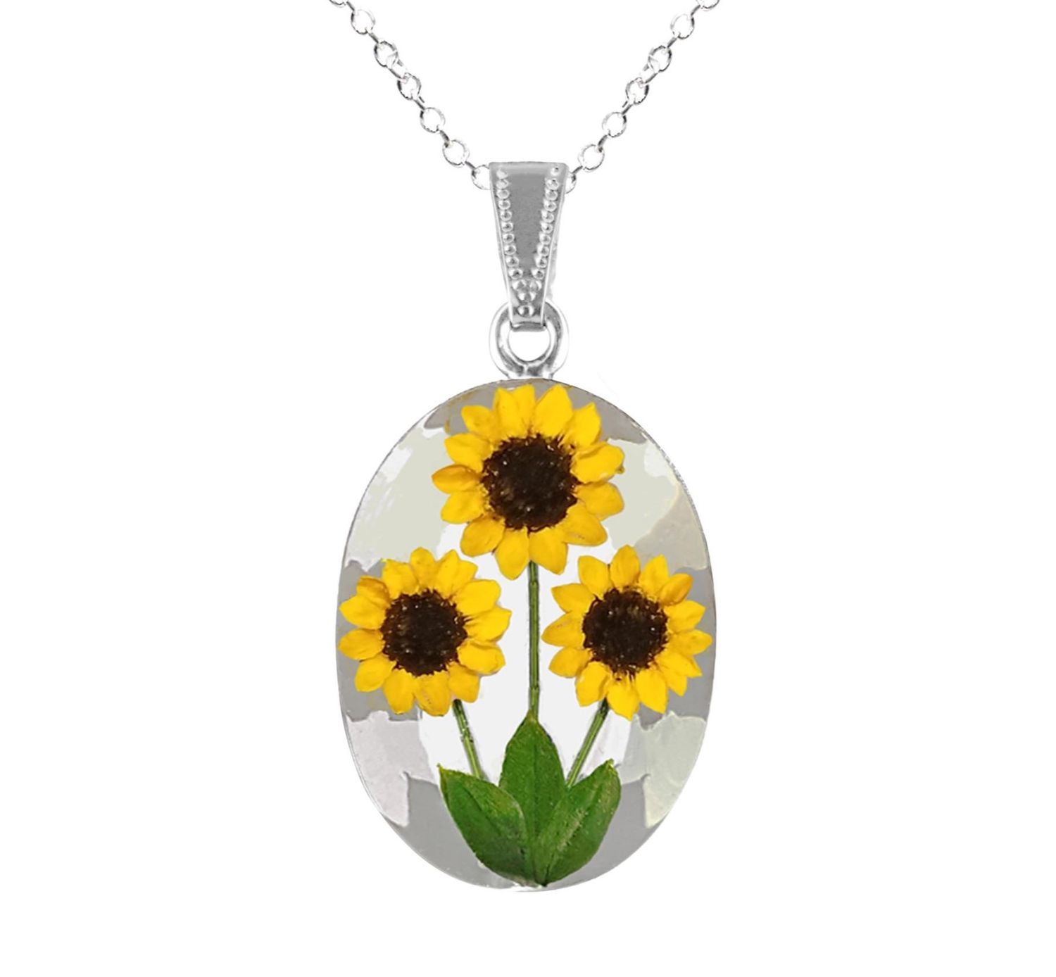 Sunflower Necklace, Large Oval, White Background