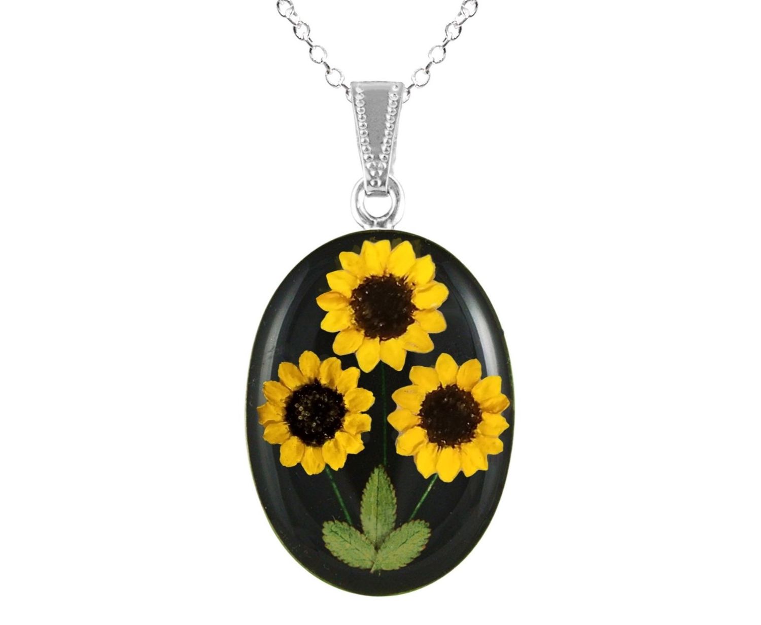 Sunflower Necklace, Large Oval, Black Background