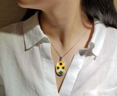 Sunflower Necklace, Large Oval, White Background