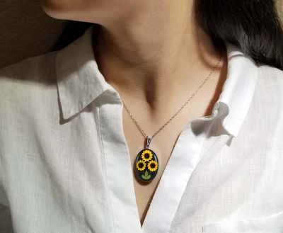 Sunflower Necklace, Large Oval, Black Background