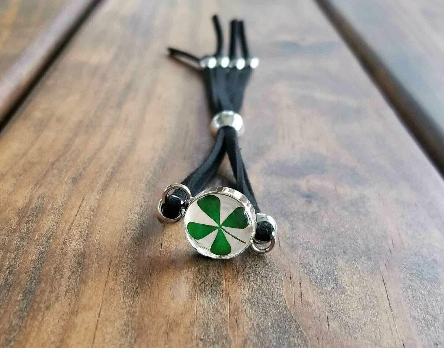 Four-Leaf Clover, Small Circle Leather Bracelet, Transparent Four-Leaf Clover, Small Circle Leather Bracelet, Transparent