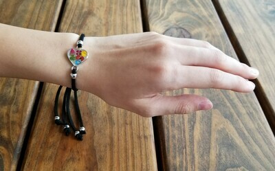 Rose and Multi-Flower Heart Leather Bracelet, White Background