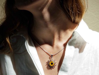 Sunflower Necklace, Sun Pendant, Transparent
