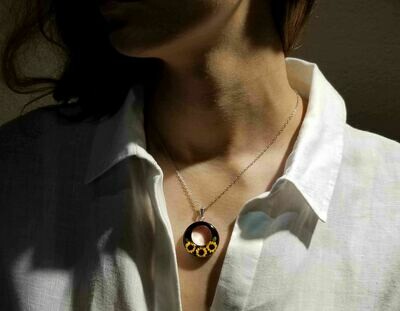 Sunflower Necklace, Large Full Moon, Black Background