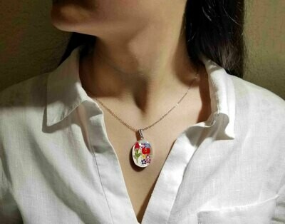 Rose &amp; Mix Flowers Necklace, Large Oval, White Background