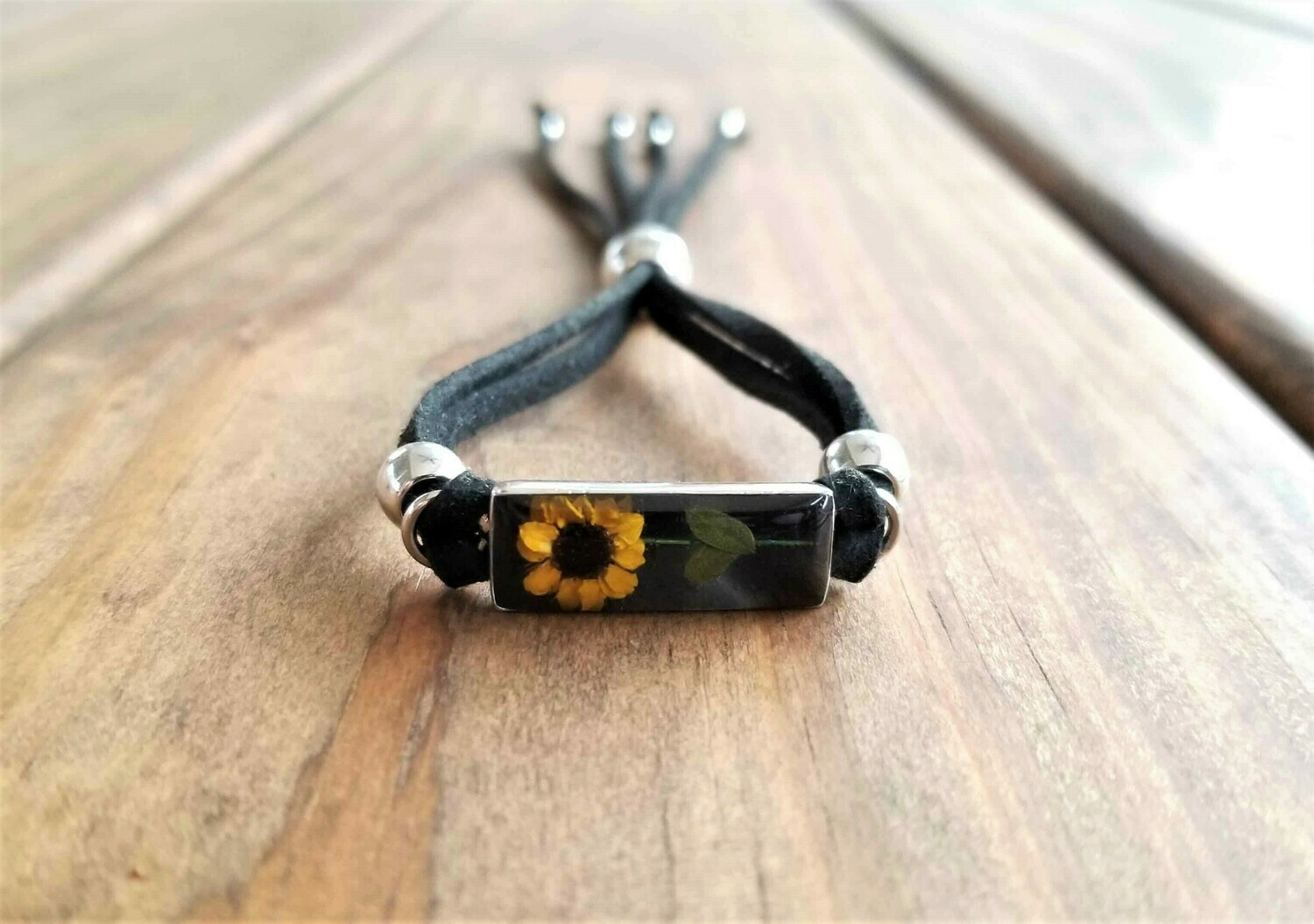 Sunflower Rectangle Leather Bracelet, Black Background Sunflower Rectangle Leather Bracelet, Black Background