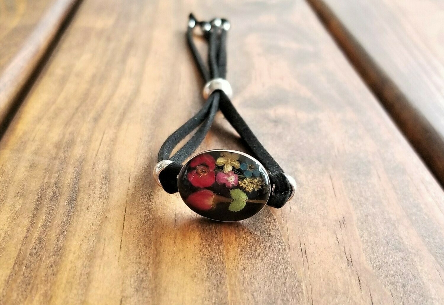 Rose and Multi-Flower Oval Leather Bracelet, Black Background Rose and Multi-Flower Oval Leather Bracelet, Black Background