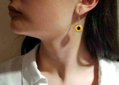 Sunflower, Small Circle Hanging Earrings, Transparent.