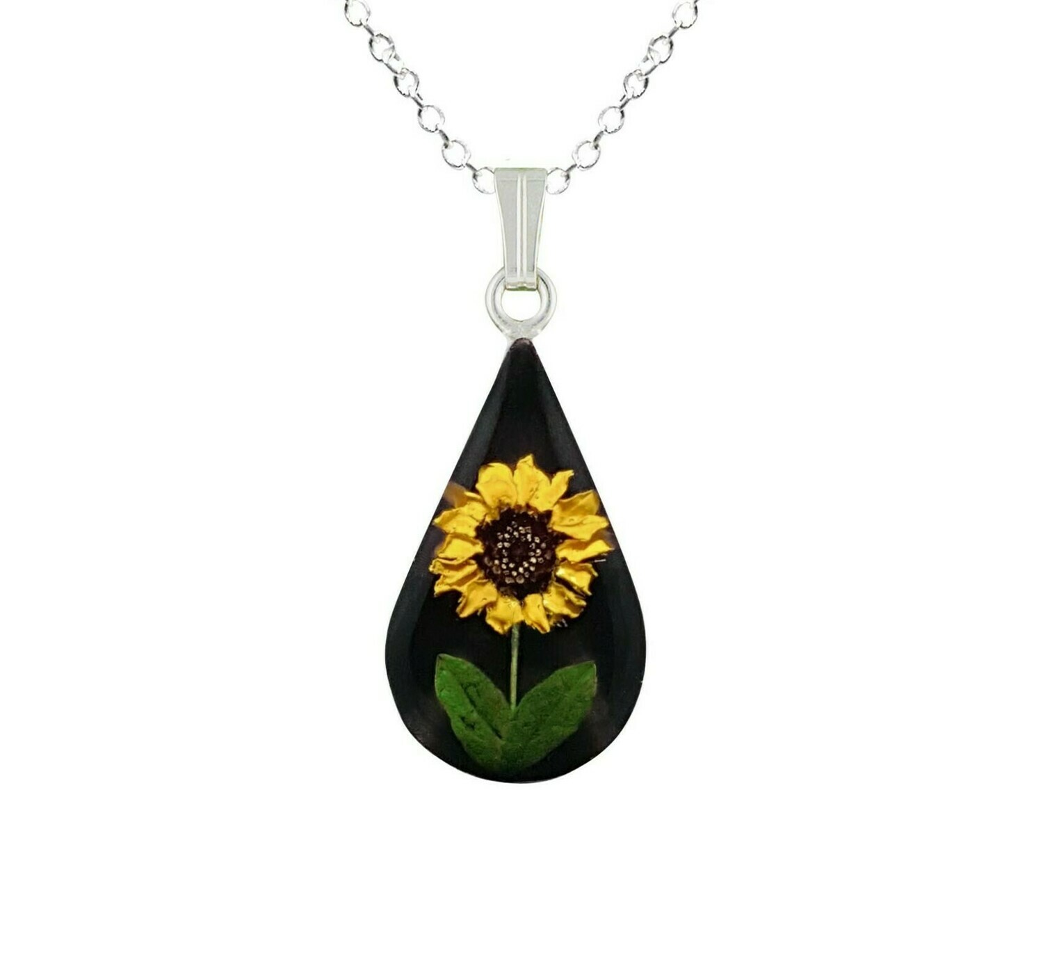 Sunflower Necklace, Teardrop, Black Background