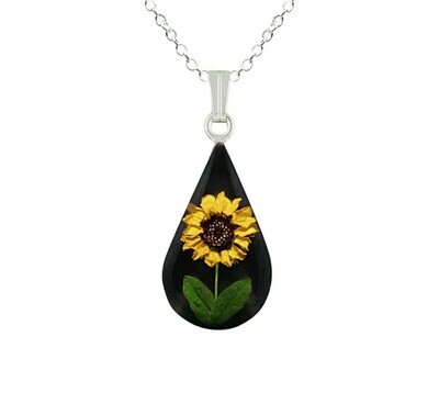 Sunflower Necklace, Teardrop, Black Background Sunflower Necklace, Teardrop, Black Background