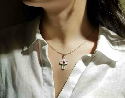 Rose Necklace, Small Cross, White Background
