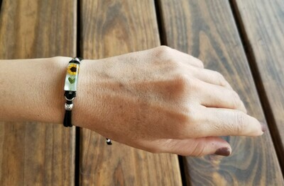 Sunflower Rectangle Leather Bracelet, White Background