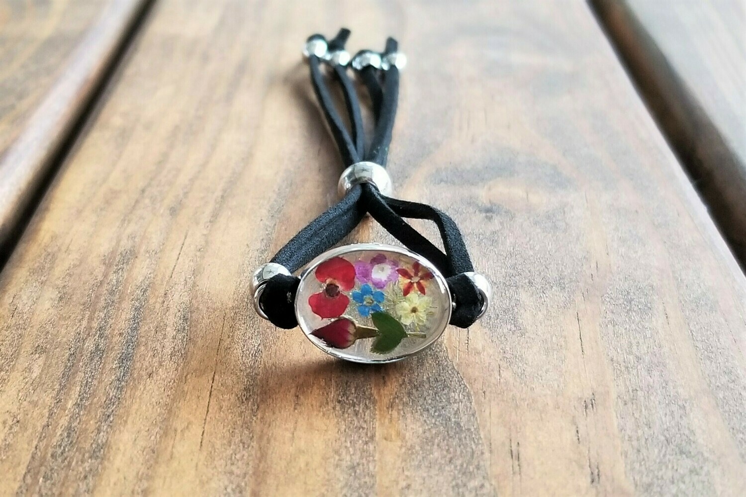 Real Rose and Multi-Flower, Leather Bracelet, Transparent Real Rose and Multi-Flower, Leather Bracelet, Transparent